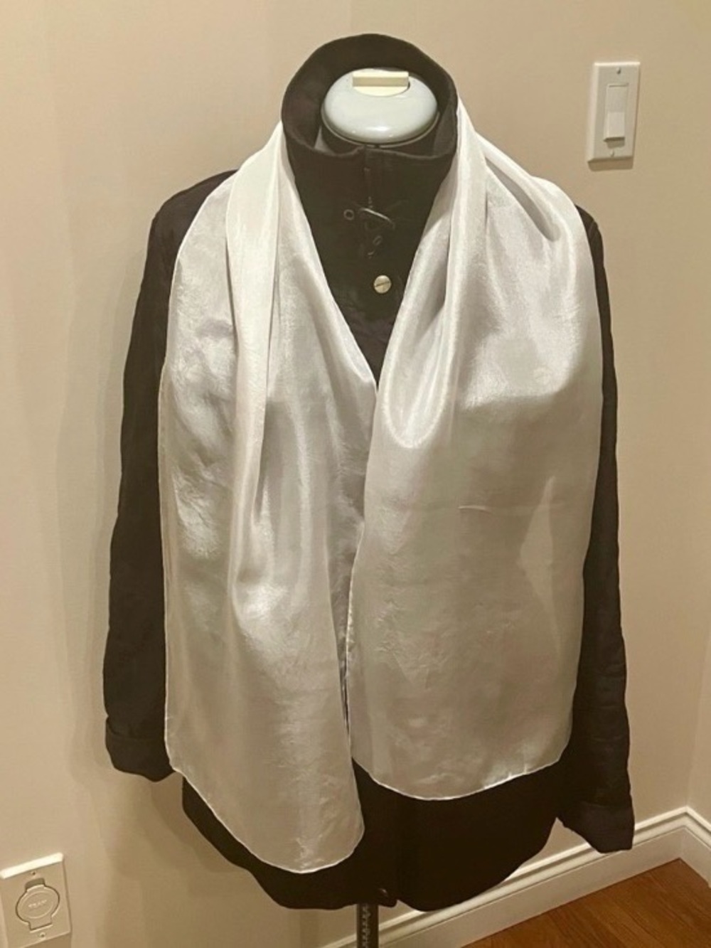 Vintage silk oblong skinny scarf, sheer plain white or ivory, lightweight